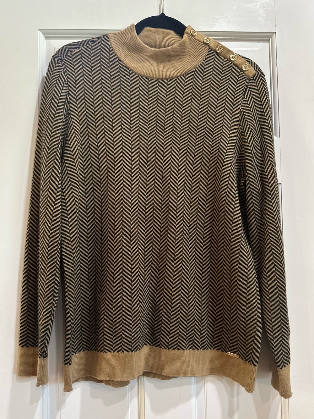 Calvin Klein Sweater Top Women Medium Beige Black Herringbone Mock Neck Classic